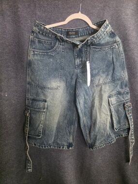 AKIRA Faded Blue Cargo Denim Shorts